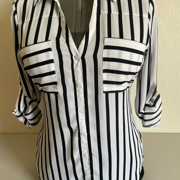 Express Tops - Black and White Striped Button-Up Blouse